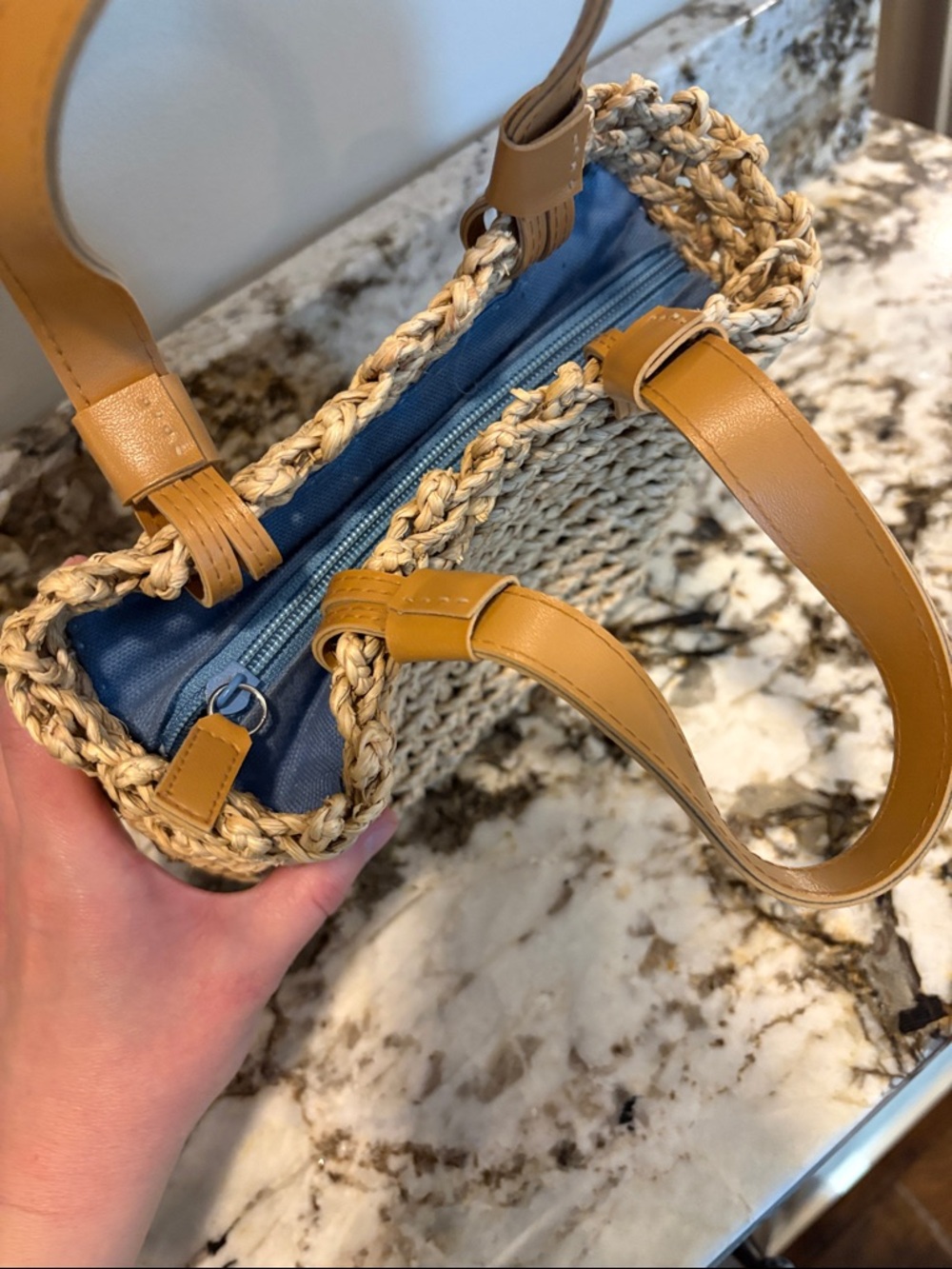 Woven Straw Tote Bag with Tan Leather Handles - Picture 7 of 7